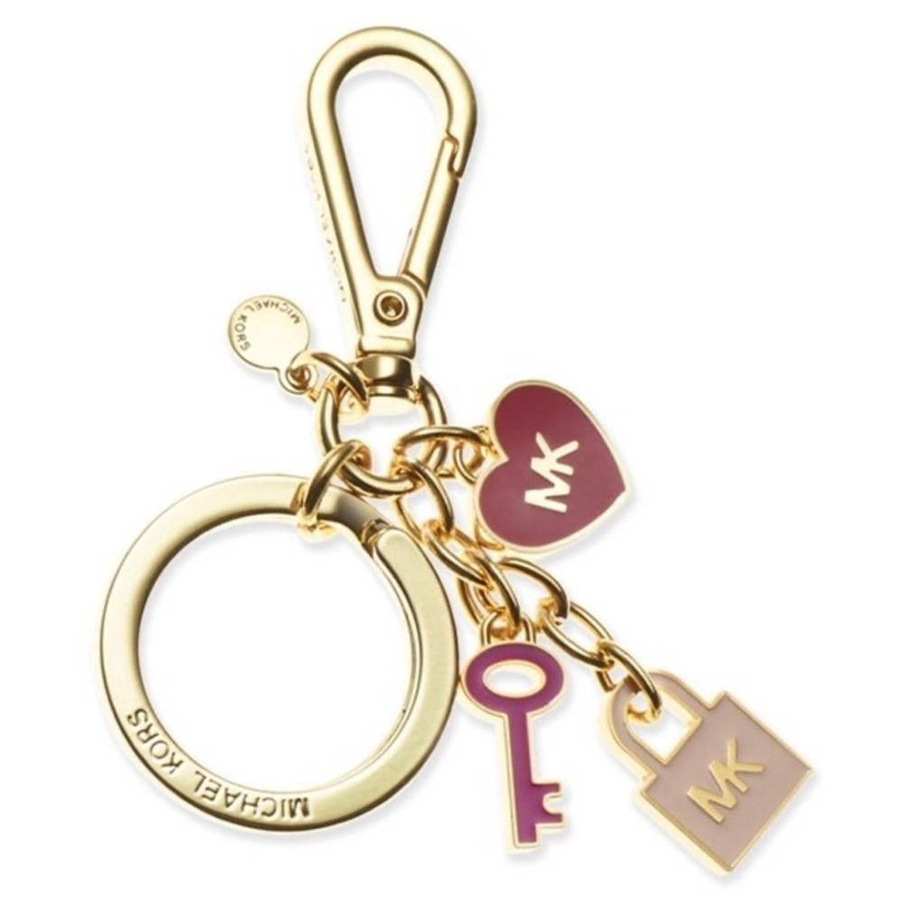 Elegant keychain by Michael Kors gold hardware pink & red logo heart charms